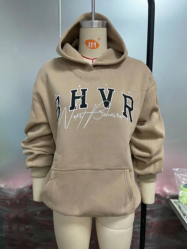 Long Sleeves Loose Keep Warm Letter Print Velvet Hooded Hoodies Tops - Image 9