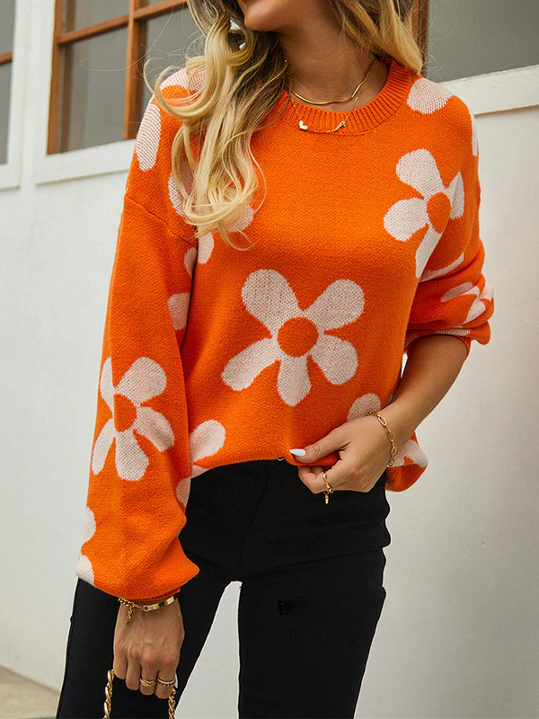 Long Sleeves Loose Knitted Flower Round-Neck Knitwear Pullovers Sweater Tops - Image 10