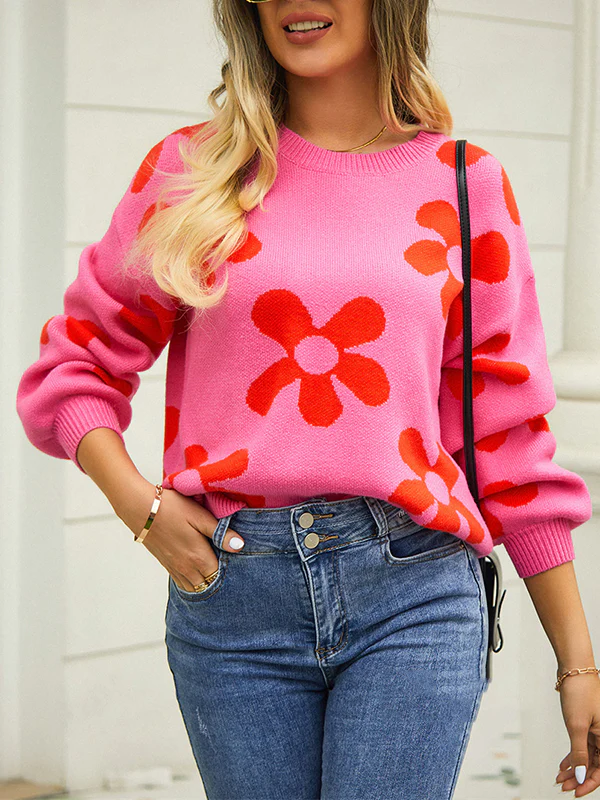 Long Sleeves Loose Knitted Flower Round-Neck Knitwear Pullovers Sweater Tops - Image 12