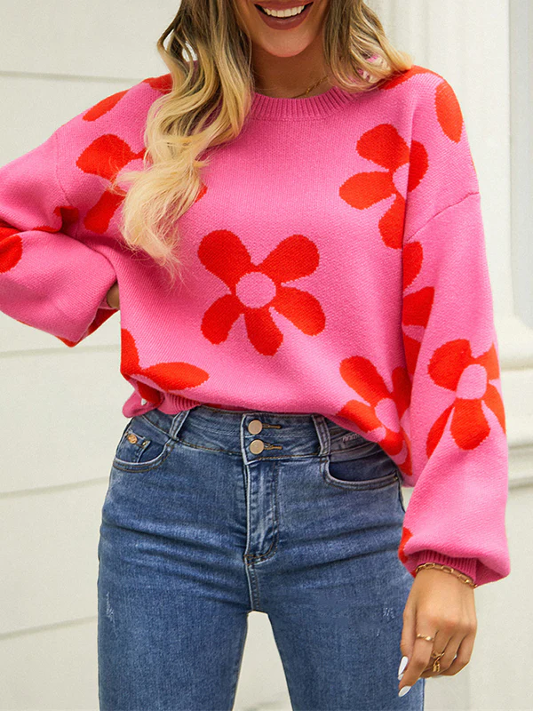 Long Sleeves Loose Knitted Flower Round-Neck Knitwear Pullovers Sweater Tops - Image 13