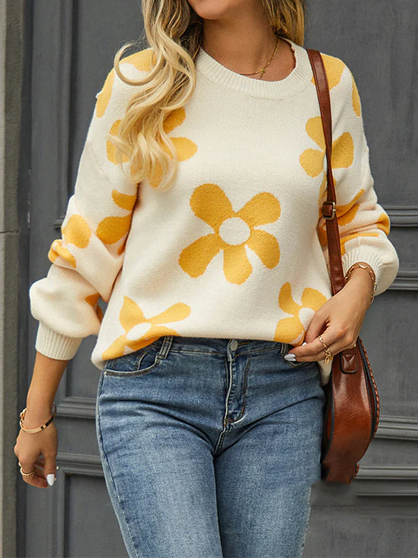 Long Sleeves Loose Knitted Flower Round-Neck Knitwear Pullovers Sweater Tops - Image 16