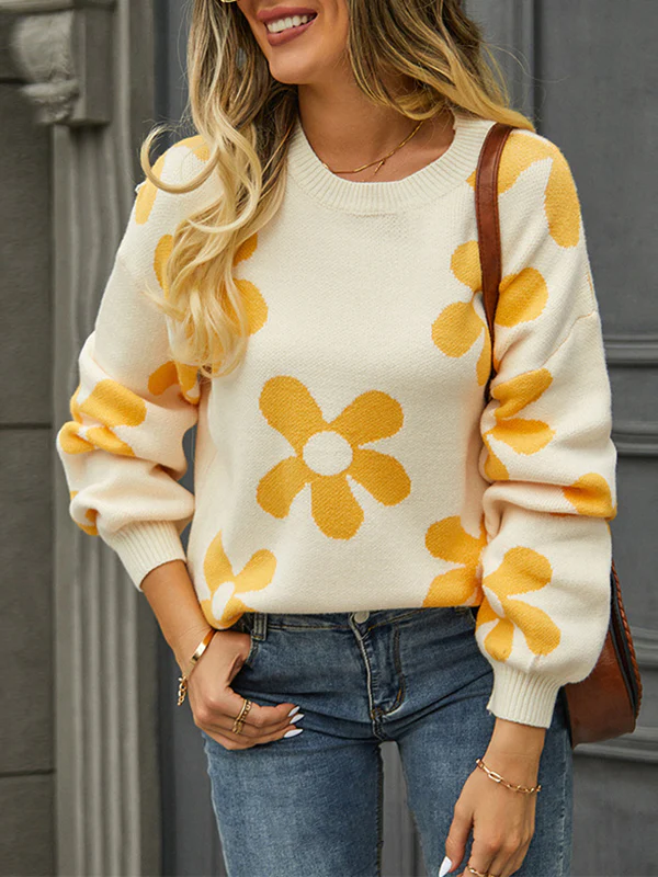 Long Sleeves Loose Knitted Flower Round-Neck Knitwear Pullovers Sweater Tops - Image 3