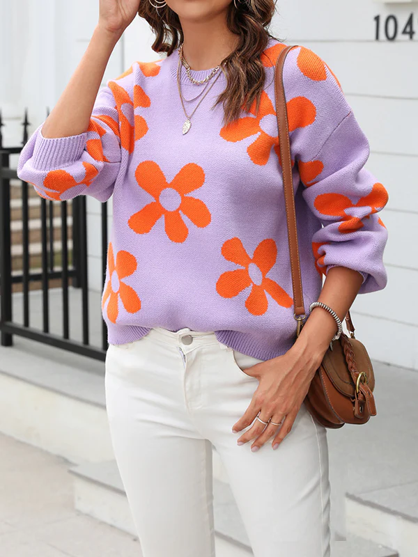 Long Sleeves Loose Knitted Flower Round-Neck Knitwear Pullovers Sweater Tops - Image 8