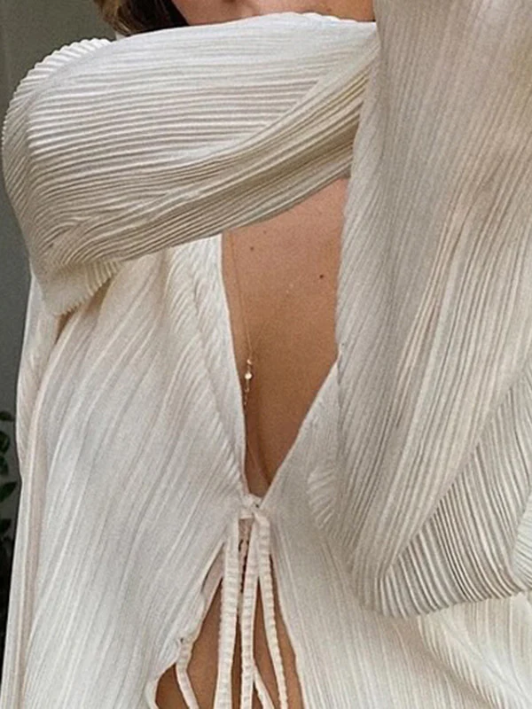 Long Sleeves Loose Lace-Up Pleated Solid Color Split-Joint Deep V-Neck Blouses&Shirts Tops - Image 4