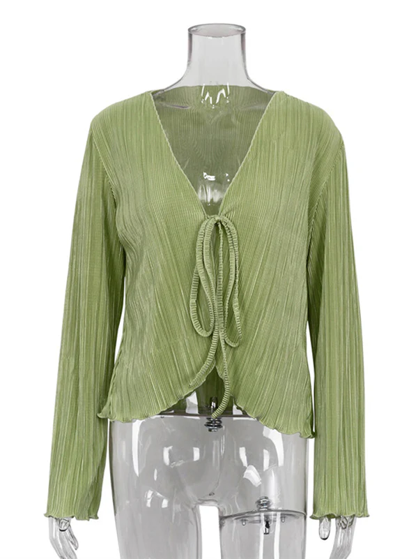 Long Sleeves Loose Lace-Up Pleated Solid Color Split-Joint Deep V-Neck Blouses&Shirts Tops - Image 6