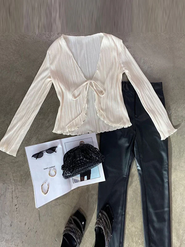 Long Sleeves Loose Lace-Up Pleated Solid Color Split-Joint Deep V-Neck Blouses&Shirts Tops - Image 7