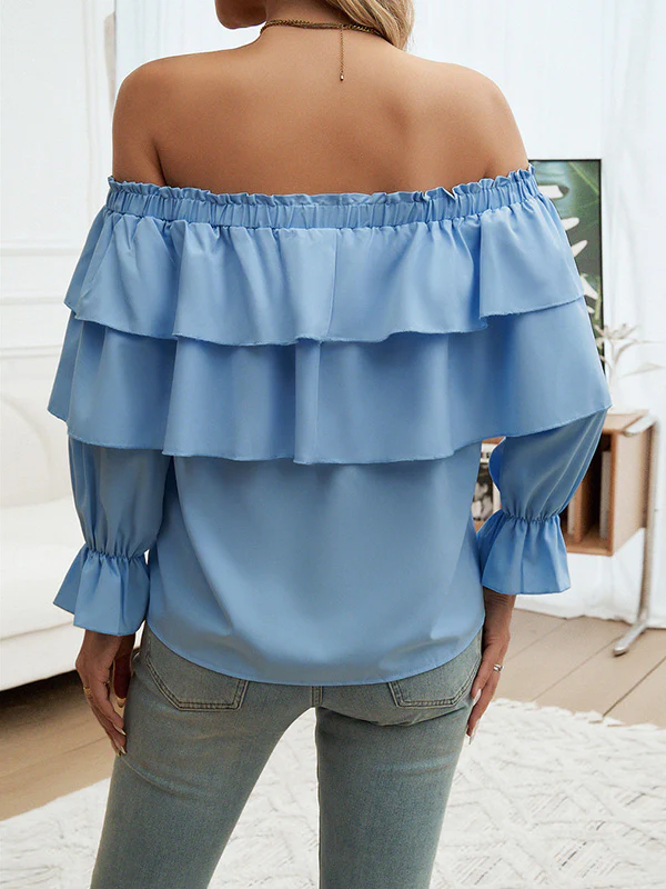 Long Sleeves Loose Layered Pleated Solid Color Split-Joint Tied Off-The-Shoulder Blouses&Shirts Tops - Image 10