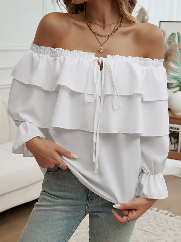 Long Sleeves Loose Layered Pleated Solid Color Split-Joint Tied Off-The-Shoulder Blouses&Shirts Tops - Image 11