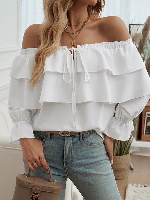 Long Sleeves Loose Layered Pleated Solid Color Split-Joint Tied Off-The-Shoulder Blouses&Shirts Tops - Image 12