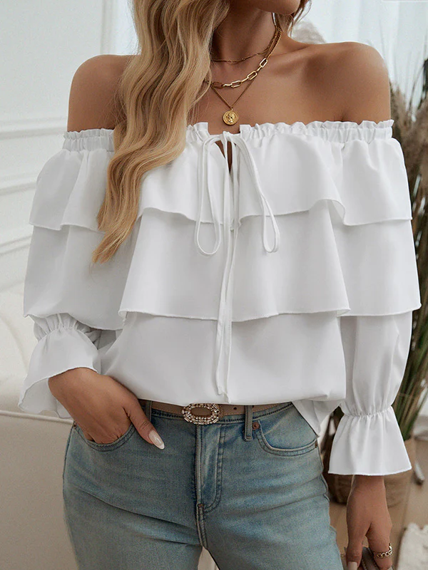 Long Sleeves Loose Layered Pleated Solid Color Split-Joint Tied Off-The-Shoulder Blouses&Shirts Tops - Image 13