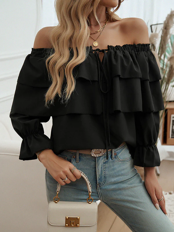 Long Sleeves Loose Layered Pleated Solid Color Split-Joint Tied Off-The-Shoulder Blouses&Shirts Tops - Image 14