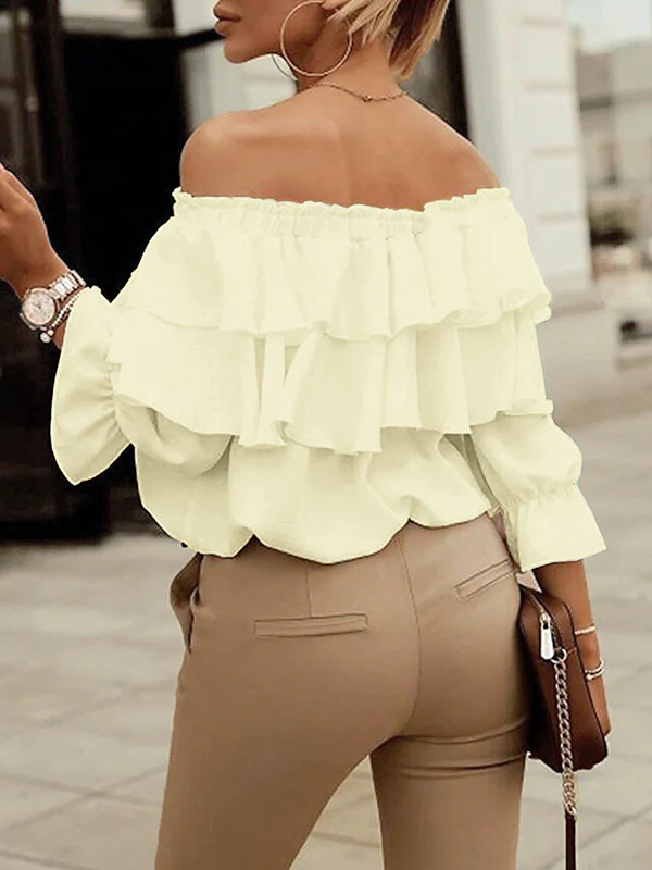 Long Sleeves Loose Layered Pleated Solid Color Split-Joint Tied Off-The-Shoulder Blouses&Shirts Tops - Image 18