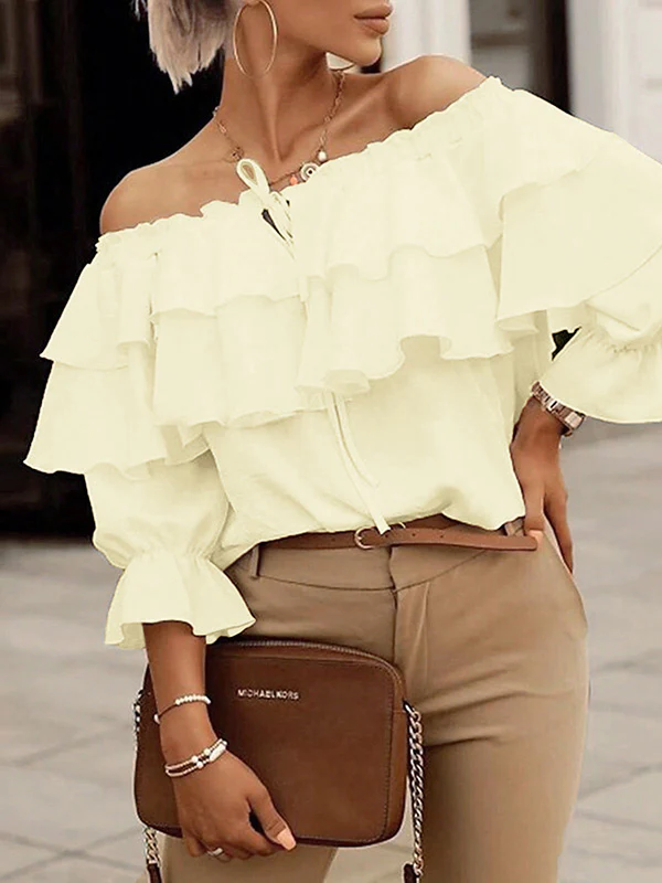 Long Sleeves Loose Layered Pleated Solid Color Split-Joint Tied Off-The-Shoulder Blouses&Shirts Tops - Image 19