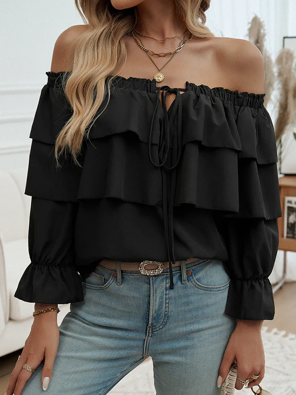 Long Sleeves Loose Layered Pleated Solid Color Split-Joint Tied Off-The-Shoulder Blouses&Shirts Tops - Image 3
