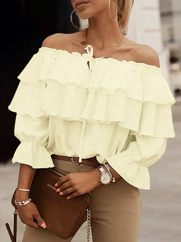 Long Sleeves Loose Layered Pleated Solid Color Split-Joint Tied Off-The-Shoulder Blouses&Shirts Tops - Image 4