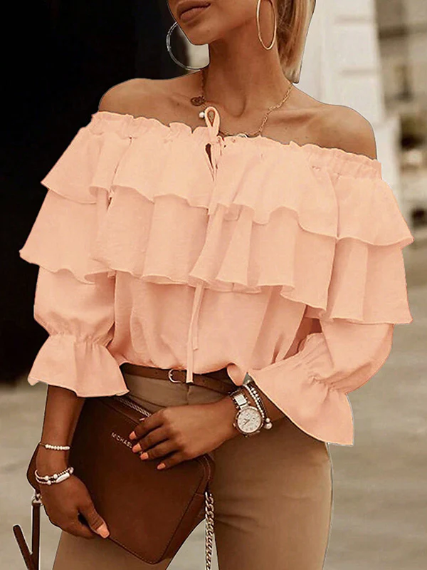 Long Sleeves Loose Layered Pleated Solid Color Split-Joint Tied Off-The-Shoulder Blouses&Shirts Tops - Image 5