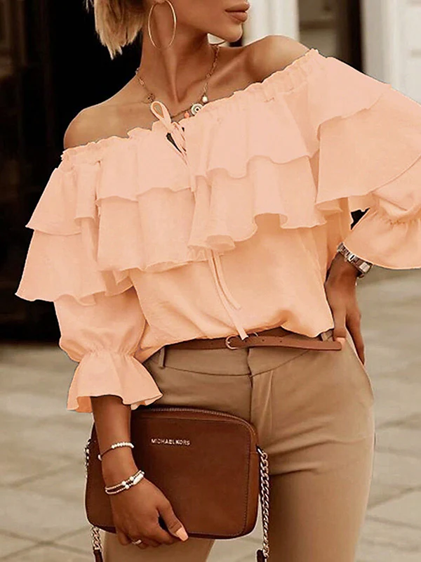 Long Sleeves Loose Layered Pleated Solid Color Split-Joint Tied Off-The-Shoulder Blouses&Shirts Tops - Image 6