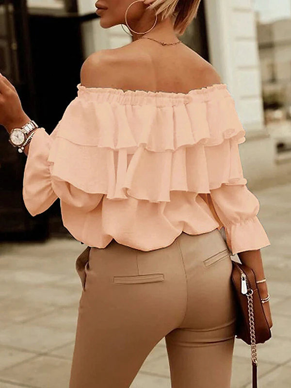 Long Sleeves Loose Layered Pleated Solid Color Split-Joint Tied Off-The-Shoulder Blouses&Shirts Tops - Image 7