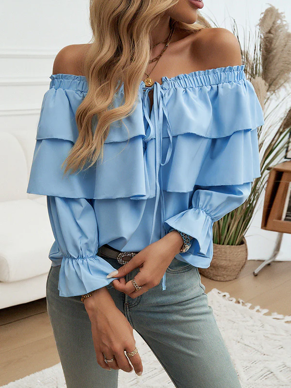 Long Sleeves Loose Layered Pleated Solid Color Split-Joint Tied Off-The-Shoulder Blouses&Shirts Tops - Image 8