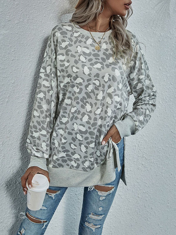 Long Sleeves Loose Leopard Split-Joint Split-Side Round-Neck Sweatshirt Tops - Image 2