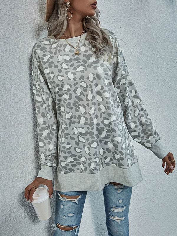 Long Sleeves Loose Leopard Split-Joint Split-Side Round-Neck Sweatshirt Tops - Image 3