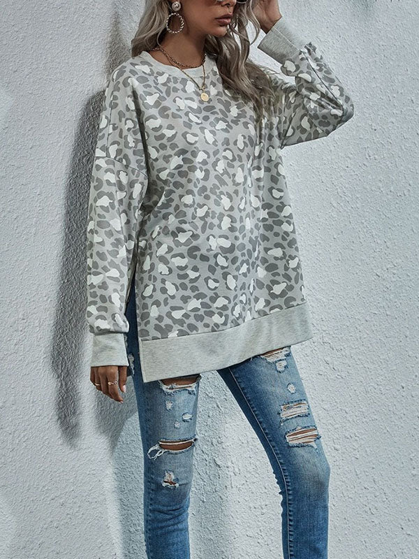 Long Sleeves Loose Leopard Split-Joint Split-Side Round-Neck Sweatshirt Tops - Image 6