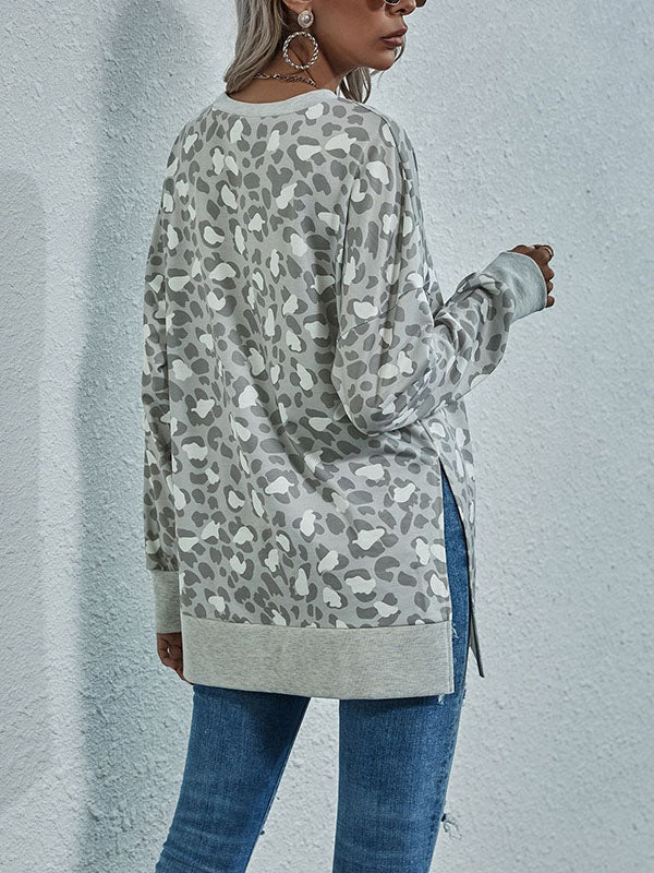 Long Sleeves Loose Leopard Split-Joint Split-Side Round-Neck Sweatshirt Tops - Image 7