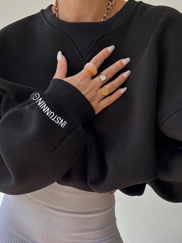 Long Sleeves Loose Letter Print Split-Joint Round-Neck Sweatershirt - Image 3