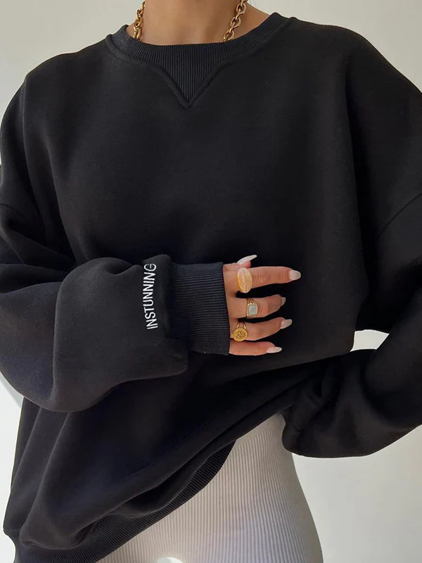 Long Sleeves Loose Letter Print Split-Joint Round-Neck Sweatershirt - Image 4