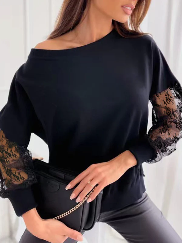 Long Sleeves Loose Mesh Solid Color Split-Joint Round-Neck T-Shirts Tops - Image 5