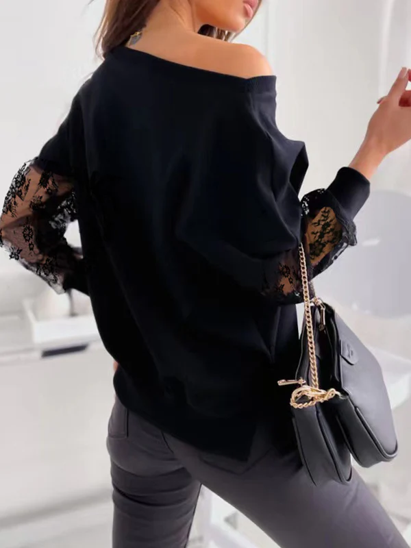 Long Sleeves Loose Mesh Solid Color Split-Joint Round-Neck T-Shirts Tops - Image 6