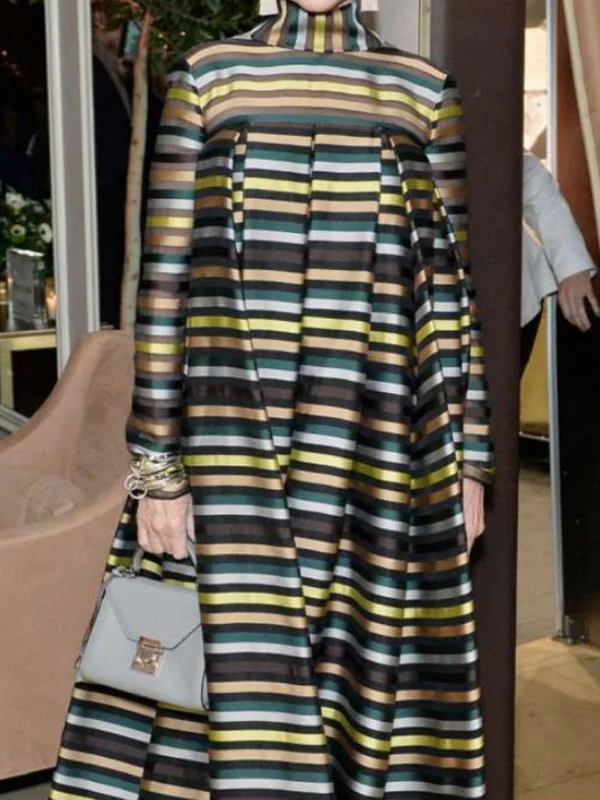 Long Sleeves Loose Multi-Colored Pleated Striped High Neck Maxi Dresses - Image 3