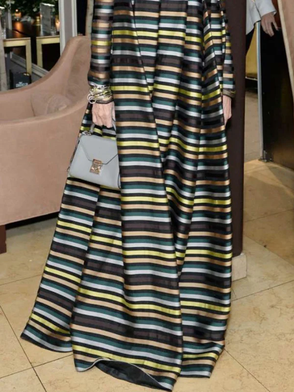 Long Sleeves Loose Multi-Colored Pleated Striped High Neck Maxi Dresses - Image 4