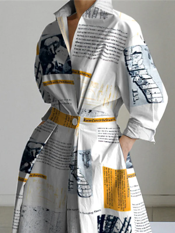 Long Sleeves Loose Newspaper Print Pleated Tied Waist Lapel Midi Dresses Shirt Dress - Image 2