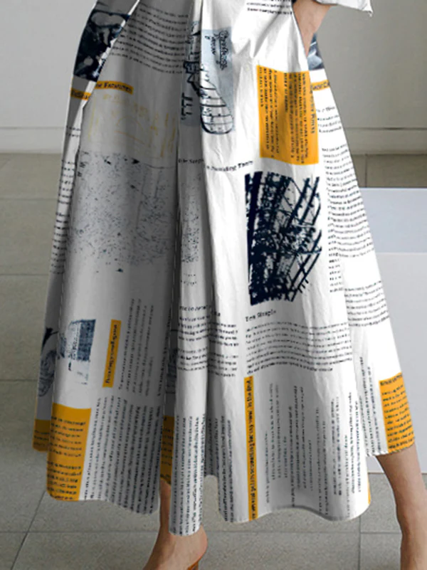 Long Sleeves Loose Newspaper Print Pleated Tied Waist Lapel Midi Dresses Shirt Dress - Image 3