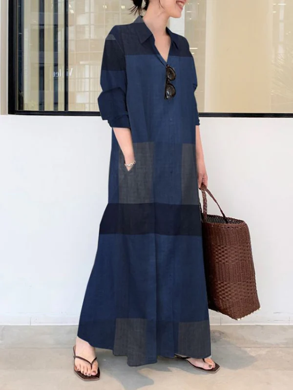 Long Sleeves Loose Plaid Pockets Lapel Maxi Dresses Shirt Dress - Image 2