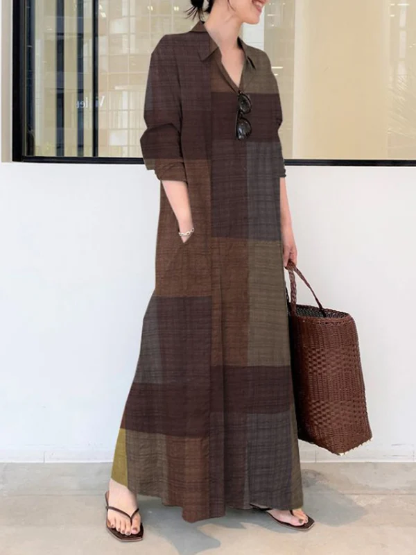 Long Sleeves Loose Plaid Pockets Lapel Maxi Dresses Shirt Dress - Image 3