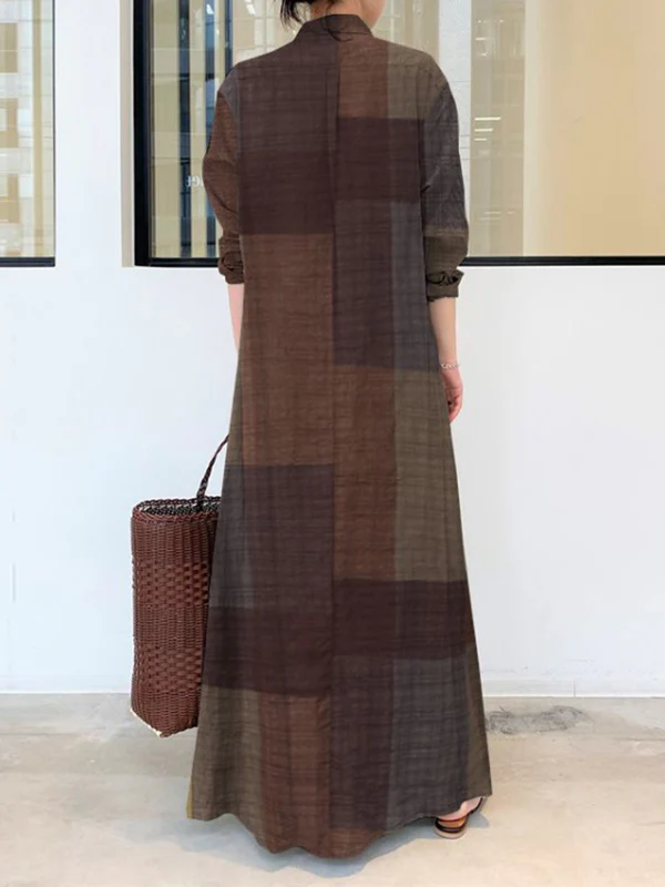 Long Sleeves Loose Plaid Pockets Lapel Maxi Dresses Shirt Dress - Image 4