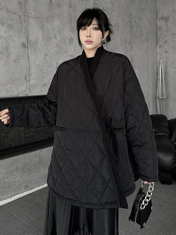 Long Sleeves Loose Plaid Quilted Solid Color Split-Joint Tied Collarless Outerwear Padded Coat - Image 10