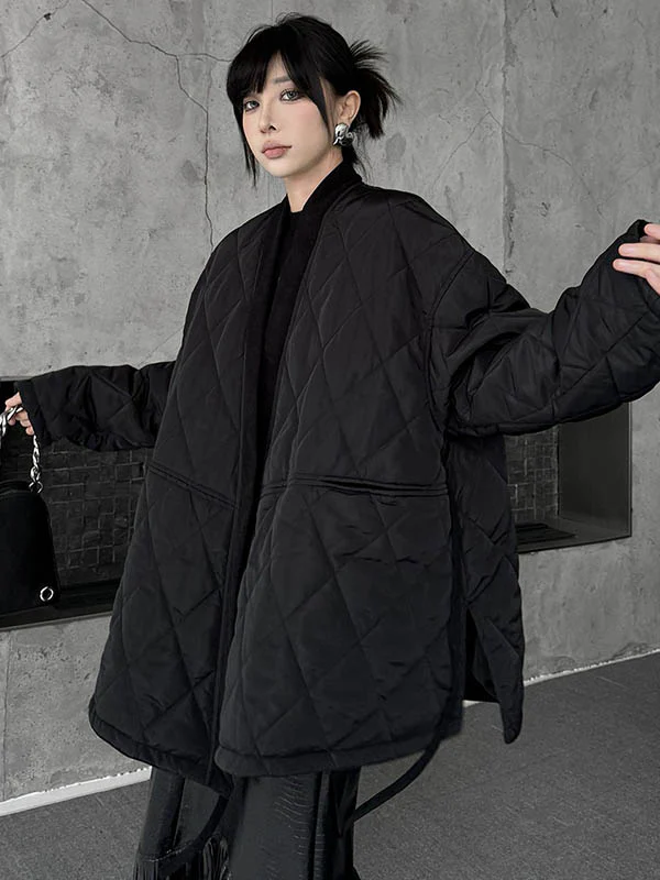 Long Sleeves Loose Plaid Quilted Solid Color Split-Joint Tied Collarless Outerwear Padded Coat - Image 11