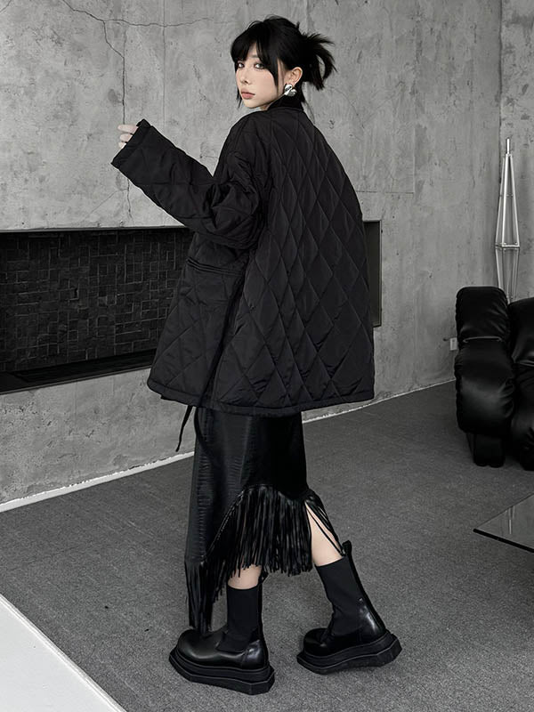 Long Sleeves Loose Plaid Quilted Solid Color Split-Joint Tied Collarless Outerwear Padded Coat - Image 12