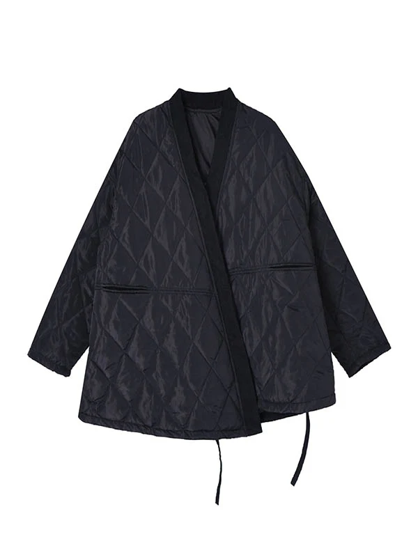 Long Sleeves Loose Plaid Quilted Solid Color Split-Joint Tied Collarless Outerwear Padded Coat - Image 13
