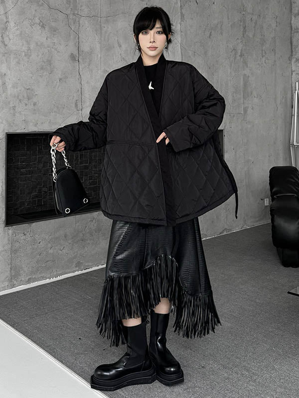 Long Sleeves Loose Plaid Quilted Solid Color Split-Joint Tied Collarless Outerwear Padded Coat - Image 2