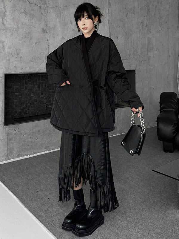 Long Sleeves Loose Plaid Quilted Solid Color Split-Joint Tied Collarless Outerwear Padded Coat - Image 3