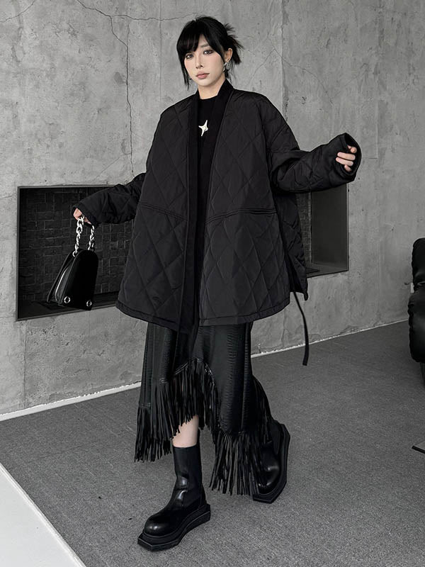 Long Sleeves Loose Plaid Quilted Solid Color Split-Joint Tied Collarless Outerwear Padded Coat - Image 4