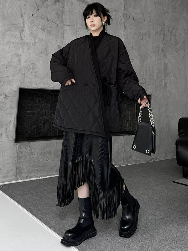 Long Sleeves Loose Plaid Quilted Solid Color Split-Joint Tied Collarless Outerwear Padded Coat - Image 5
