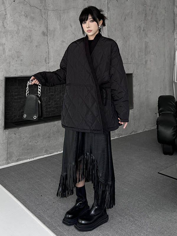 Long Sleeves Loose Plaid Quilted Solid Color Split-Joint Tied Collarless Outerwear Padded Coat - Image 6