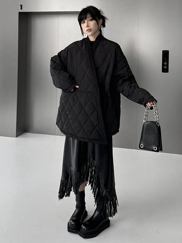 Long Sleeves Loose Plaid Quilted Solid Color Split-Joint Tied Collarless Outerwear Padded Coat - Image 7