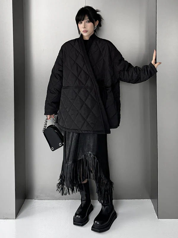 Long Sleeves Loose Plaid Quilted Solid Color Split-Joint Tied Collarless Outerwear Padded Coat - Image 8