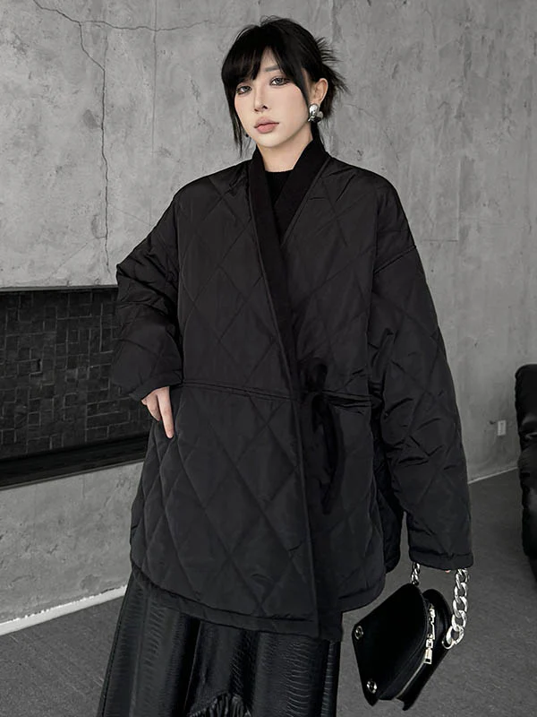 Long Sleeves Loose Plaid Quilted Solid Color Split-Joint Tied Collarless Outerwear Padded Coat - Image 9
